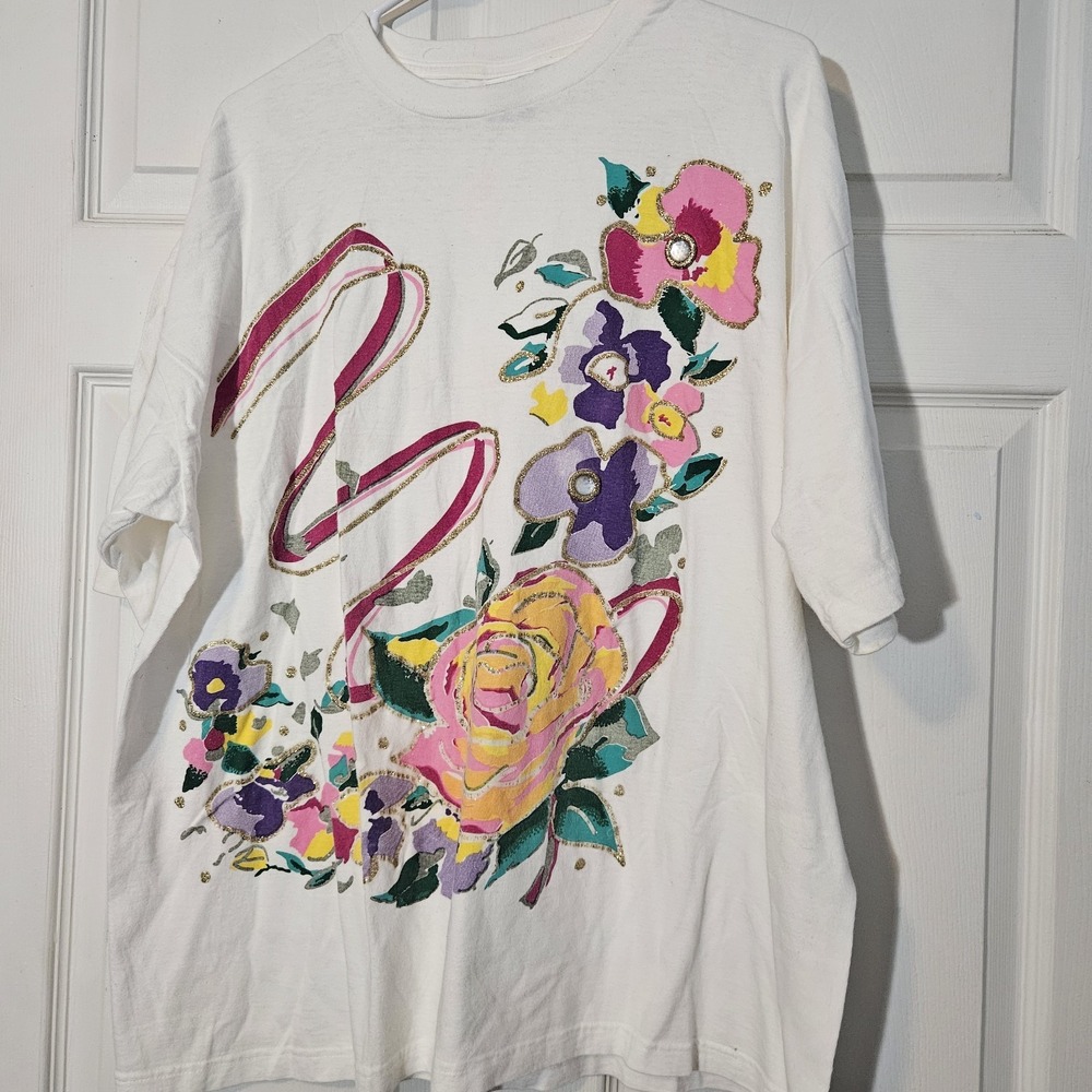 Vtg 90s painted wet T‎ Shirt Puff Paint XL Granny Stylish Floral single stitch
